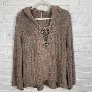 Free People Linen Blend Hooded Sweater Womens Size S Brown Lace Up Stretch